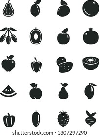 Solid Black Vector Icon Set - pear vector, orange, peach, pomegranate, apricot, red apple, tasty raspberry, mango, goji berry, delicious plum, date fruit, yellow lemon, kiwi, sour lime, Bell pepper