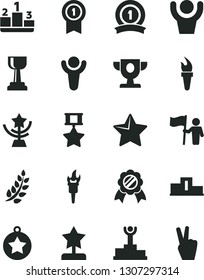 Solid Black Vector Icon Set - star vector, pedestal, flame torch, winner, laurel branch, podium, prize, gold cup, reward, medal, man hold flag, with pennant, ribbon, hero, hands up, victory hand