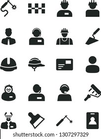 Solid Black Vector Icon Set - builder vector, workman, trowel, paint roller, ceramic tiles, construction helmet, putty knife, employee, pass card, operator, welding, gas, man, dispatcher, scientist