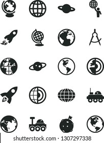 Solid Black Vector Icon Set - sign of the planet vector, earth, scribed compasses, space rocket, globe, core, saturn, lunar rover, man hold world, flag on moon