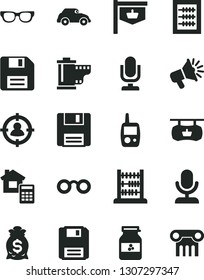 Solid Black Vector Icon Set - desktop microphone vector, floppy disk, camera roll, new abacus, toy mobile phone, estimate, jar of jam, retro car, vintage sign, antique advertising signboard, glasses