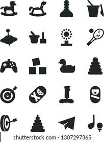 Solid Black Vector Icon Set - paper airplane vector, rubber duck, stacking rings, toy, roly poly doll, tumbler, sand set, children's, yule, rocking horse, small, cubes for children, joystick, cup
