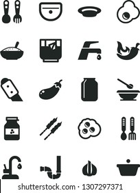 Solid Black Vector Icon Set - plates and spoons vector, plastic fork, iron, sink, siphon, knife, faucet mixer, kitchen, a bowl of rice porridge, plate, barbecue, chili, glass tea, fried egg, jar jam