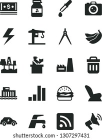 Solid Black Vector Icon Set - lightning vector, rss feed, car child seat, crane, faucet mixer, burger, jar of jam, bananas, commercial seaport, hydroelectric station, thermal power plant, bar chart