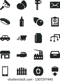 Solid Black Vector Icon Set - envelope vector, toys over the cot, measuring bottle for feeding, motor vehicle, paint roller, hedge, smartphone, drawer, eggs, japanese sushi, blueberries, calipers