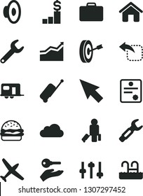 Solid Black Vector Icon Set - loudspeaker vector, house, move left, burger, repair key, steel, cursor, cloud, settings, patente, arrow graph, purpose, arm with, dollar pedestal, plane, camper, pool