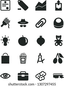Solid Black Vector Icon Set - clip vector, paper bag, hat with glasses, remove label, line chart, upload archive data, baby bib, teddy bear, portfolio, eye, spaghetti, popcorn, cup of, cornels, bulb