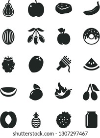 Solid Black Vector Icon Set - spaghetti vector, glazed cake with a hole, piece of meat, strawberries, pineapple, peach, apple, cornels, blackberry, melon, goji berry, half, yellow lemon, banana, jar
