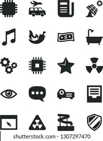 Solid Black Vector Icon Set - archive vector, bath, star, eye, music, chili, big solar panel, gears, newspaper, speech, cpu, browser, projector, nuclear, dollar, aquapark, transfer, shield