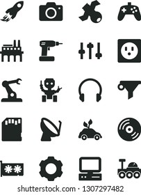 Solid Black Vector Icon Set - camera vector, cordless drill, headphones, CD, socket, industrial enterprise, environmentally friendly transport, satellite dish, assembly robot, water filter, computer