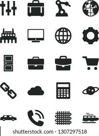 Solid Black Vector Icon Set - briefcase vector, spectacles, calculator, interroom door, earth, case, screen, suitcase, industrial factory, weaving, robot welder, shopping cart, planet, phone call