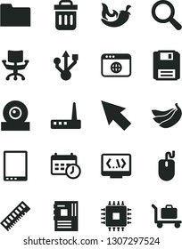 Solid Black Vector Icon Set - magnifier vector, chili, bananas, tablet pc, mouse, motherboard, cpu, memory, web camera, usb, router, browser, folder, trash bin, floppy, coding, chair, schedule clock