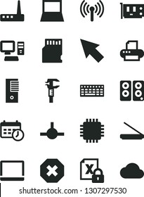 Solid Black Vector Icon Set - mark of injury vector, caliper, computer, notebook pc, encrypting, keyboard, tower, cpu, card, router, printer, scanner, speaker, connect, wireless, sd, schedule clock