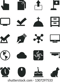 Solid Black Vector Icon Set - clean paper vector, Puzzles, alarm clock, index finger, screen, nightstand, cake, move up, planet Earth, mouse, monitor, cloud, molecule, graduate hat, ink pen, confirm