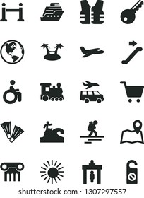 Solid Black Vector Icon Set - earth vector, plane, train, backpacker, escalator, rope barrier, security gate, sun, flippers, surfing, disabled, transfer, map, key, cart, life vest, cruiser, column