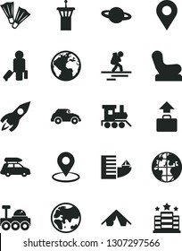 Solid Black Vector Icon Set - sign of the planet vector, Baby chair, toy train, retro car, location, geolocation, rocket, lunar rover, baggage, backpacker, airport tower, passenger, hotel, tent