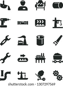 Solid Black Vector Icon Set - workman vector, concrete mixer, cordless drill, hand saw, building level, oil derrick, water pipes, factory, industrial enterprise, conveyor, production, tower crane