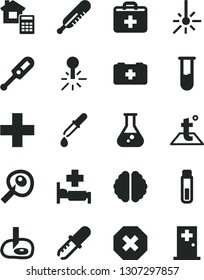 Solid Black Vector Icon Set - mark of injury vector, first aid kit, plus, electronic thermometer e, mercury, bag a paramedic, estimate, temperature, outdoor, flask, test tube, brain, pipette