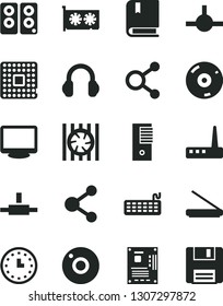Solid Black Vector Icon Set - camera vector, e, processor, connection, connections, wall watch, radiator fan, keyboard, pc tower, motherboard, gpu card, monitor, router, cd, scanner, headphones