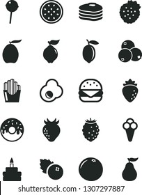 Solid Black Vector Icon Set - big burger vector, birthday cake, glazed with a hole, Chupa Chups, fried potato slices, cone, egg, blueberries, strawberries, pancakes, quince, raspberry, strawberry