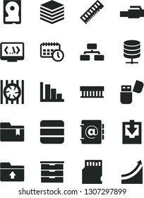 Solid Black Vector Icon Set - positive histogram vector, download archive data, folder bookmark, upload, storage unit, pile, flowchart, big server, address book, agenda, radiator fan, memory, hdd