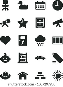 Solid Black Vector Icon Set - heart symbol vector, hat, remove label, bedside table, rubber duck, cloud, funny hairdo, abacus, window frame, dangers, home, wall clock, star, flowchart, calendar, sun
