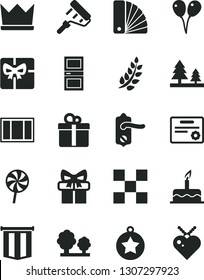 Solid Black Vector Icon Set - colored air balloons vector, cake, window frame, paint roller, color samples, door knob, interroom, tile, gift, lollipop, trees, forest, giftbox, laurel branch, crown