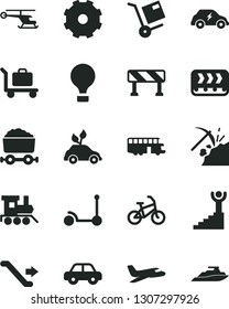 Solid Black Vector Icon Set - truck lorry vector, motor vehicle, baby toy train, Kick scooter, traffic signal, shipment, coal mining, conveyor, environmentally friendly transport, electric, plane