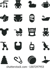 Solid Black Vector Icon Set - cradle vector, toys over the, mug for feeding, nappy, bib, Child T shirt, baby carriage, summer stroller, sitting, open pin, rubber duck, bath ball, children's bathroom