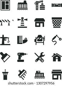 Solid Black Vector Icon Set - house vector, wicker pot, tower crane, concrete mixer, window, small tools, cordless drill, building level, putty knife, spatula, road fence, hydroelectric station