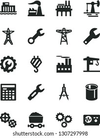 Solid Black Vector Icon Set - repair key vector, crane, hook, gears, gear, working oil derrick, factory, hydroelectric station, power line, pole, industrial building, enterprise, pipes, steel, three