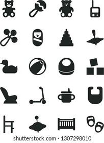 Solid Black Vector Icon Set - baby cot vector, mug for feeding, bib, beanbag, rattle, car child seat, rubber duck, bath ball, stacking toy, roly poly doll, phone, a chair, teddy bear, small, yule