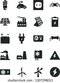 Solid Black Vector Icon Set - danger of electricity vector, power socket type f, charging battery, solar panel, windmill, wind energy, factory, accumulator, electric plug, industrial building, car