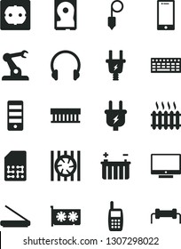 Solid Black Vector Icon Set - power socket type f vector, plummet, headphones, screen, smartphone, battery, plug, electric, assembly robot, SIM, cast iron radiator, mobile phone, fan, keyboard, hdd