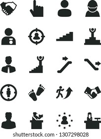 Solid Black Vector Icon Set - children's tracks vector, employee, index finger, racer, woman, man, in sight, goal, hand shake, handclasp, winner podium, arrow up, stairway, with medal, stars around