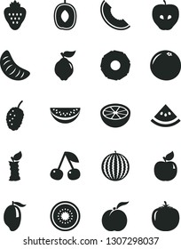 Solid Black Vector Icon Set - strawberry vector, cherry, ripe peach, quince, apricot, tasty apple, mulberry, water melon, slice of, mango, delicious plum, tangerine, half kiwi, pineapple, grapefruit