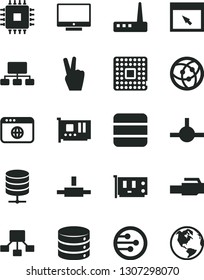 Solid Black Vector Icon Set - screen vector, big data, server, processor, scheme, hierarchical, cpu, pc card, router, network, browser, connect, lan connector, victory hand, earth