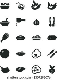 Solid Black Vector Icon Set - iron fork spoons vector, sausage, onion, slices of, noodles, pie, a bowl buckwheat porridge, lettuce in plate, chicken, thigh, chop, meat on skewers, cabbage, chili