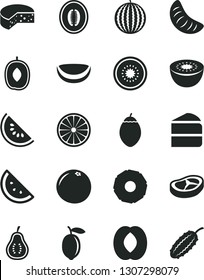 Solid Black Vector Icon Set - cheese vector, piece of cake, bacon, orange slice, water melon, delicious plum, half peach, tangerine, lemon, kiwi, tamarillo, coconut, pineapple, grapefruit, cucumber