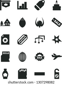 Solid Black Vector Icon Set - minus vector, negative histogram, toys over the cot, label, Hot Dog, birthday cake, bottle, melon, tamarillo, physalis, vintage sign, season sale, sd card, bang