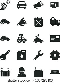 Solid Black Vector Icon Set - truck lorry vector, horn, motor vehicle present, key, car, pass card, delivery, big solar panel, accumulator, battery, racer, canister, of oil, electric, retro, repair