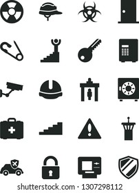 Solid Black Vector Icon Set - warning vector, open pin, medical bag, key, ntrance door, construction helmet, lock, strongbox, radiation hazard, autopilot, biohazard, stairway, winner, airport tower