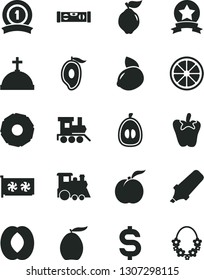 Solid Black Vector Icon Set - baby toy train vector, children's, building level, peper, ripe peach, quince, half of mango, loquat, yellow lemon, juicy, slice pineapple, text highlighter, gpu card