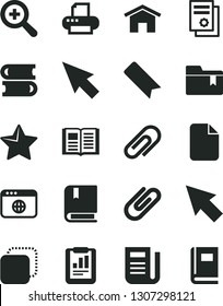 Solid Black Vector Icon Set - clip vector, bookmark, zoom, folder, e, books, home, star, book, copy, statistical report, scientific publication, newspaper, printer, browser, cursor, file