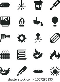 Solid Black Vector Icon Set - electronic thermometer vector e, mercury, heating coil, sausage, loaf, Hot Dog, noodles, chili, coffe to go, a glass of tea, pepper, outdoor, steel production, flame