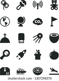 Solid Black Vector Icon Set - pennant vector, beanbag, teddy bear, hawser, globe, cardboard box, half of coconut, grapefruit, persimmon, planet Earth, carbon dyoxide, magnifying glass, usb flash