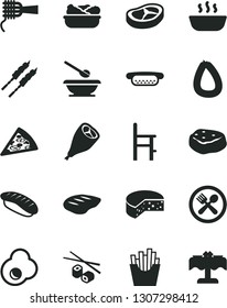 Solid Black Vector Icon Set - plates and spoons vector, a chair for feeding, stick of sausage, cheese, piece pizza, mini hot dog, noodles, porridge, lettuce in plate, grill chicken leg, bacon, chop