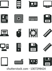 Solid Black Vector Icon Set - floppy disk vector, laptop, screen, processor, computer, tablet pc, notebook, radiator fan, mouse, keyboard, tower, motherboard, memory, card