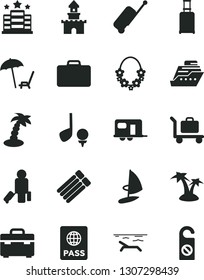 Solid Black Vector Icon Set - suitcase vector, passport, sand castle, camper, passenger, rolling, case, beach, arnchair under umbrella, palm tree, hawaii wreath, baggage, hotel, golf, cruiser