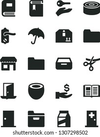 Solid Black Vector Icon Set - folder vector, book, door knob, ntrance, umbrella, drawer, cardboard box, package, canned goods, half of coconut, kiosk, get a wage, arm with key, exit, grand opening